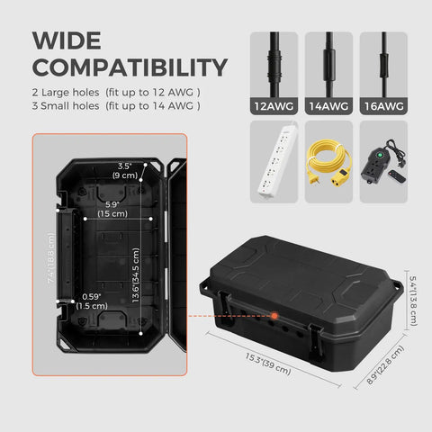 Beefy Heavy Duty Outdoor Electrical Junction Box IP54 Weatherproof Rain Shield featuring wide compatibility with hole sizes 15.3 x 8.9 x 5.4 inch matte black