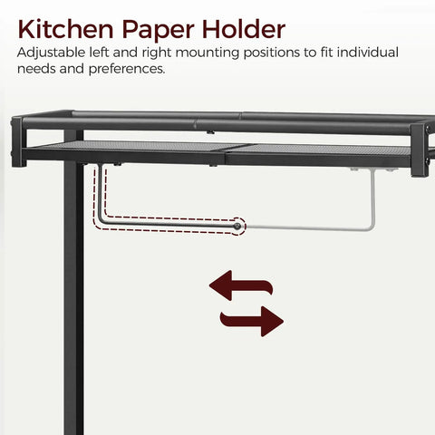 Rustic Brown And Black Bakers Rack With Storage And Microwave Stand, Paper Holder, Power Outlet, Coffee Bar Station detail.