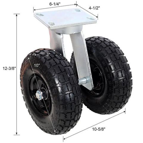 10 Inch Dual Wheel Pneumatic Swivel Caster With Twin Air Tires, heavy duty plate mount with precision roll bearings.