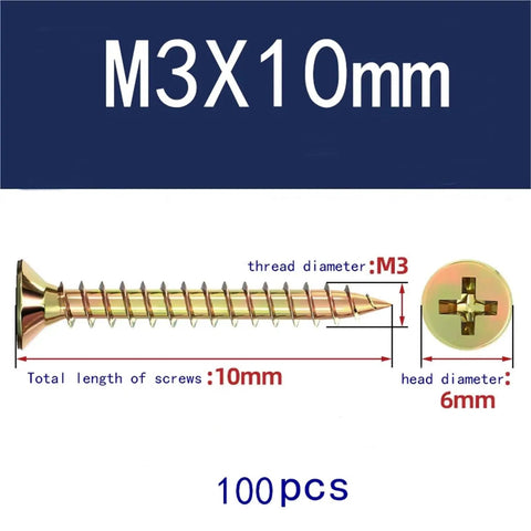 Heavy Duty Cross Flat Head Wood Screws Made From Galvanized Carbon Steel For M3 To M6, 10mm length, detailed dimensions shown