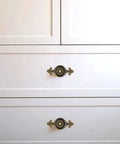 Antique Brass Cabinet Knobs With Backplates 4 Pack Zinc Alloy Solid Round Mushroom Drawer Pulls on white cabinets
