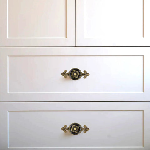 Antique Brass Cabinet Knobs With Backplates 4 Pack Zinc Alloy Solid Round Mushroom Drawer Pulls on white cabinets