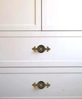 Antique Brass Cabinet Knob Set With Backplates on white dresser, solid zinc alloy, vintage mushroom round pulls handles, retro style