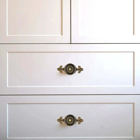 Antique Brass Cabinet Knob Set With Backplates on white dresser, solid zinc alloy, vintage mushroom round pulls handles, retro style