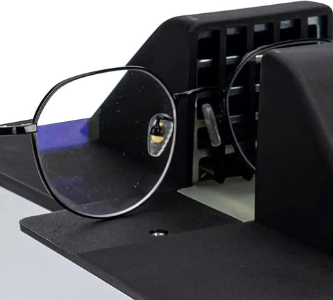 Top Shelf 1500W Eyeglasses Frame Heater With Adjustable Temp Controls And Hot Cold Air Toggle For Pro Optical Repair Station Setup showing glasses in focus.