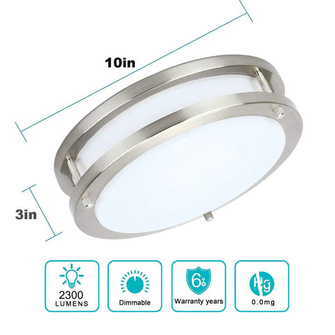 Dimmable 24W LED Ceiling Light Fixture, 10 Inch Flush Mount, 3 Color Temperatures, Super Bright 2200 Lumens, Brushed Nickel, Side View