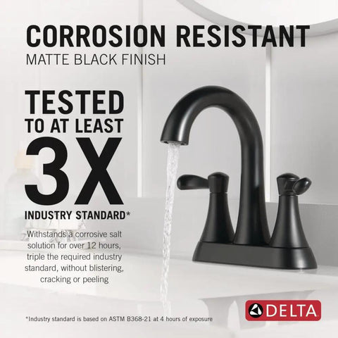 Black matte dual-handle faucet with water flow, corrosion-resistant, tested 3x industry standard, on bathroom vanity