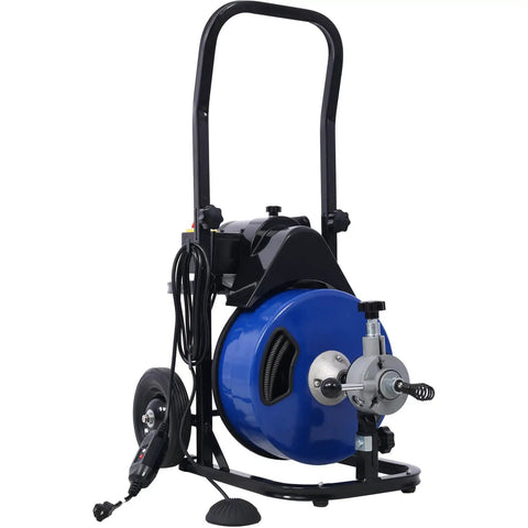 Badass Electric Drain Auger And Commercial Sewer Snake With 60 Foot Steel Cable; blue housing and black handle for easy transport.