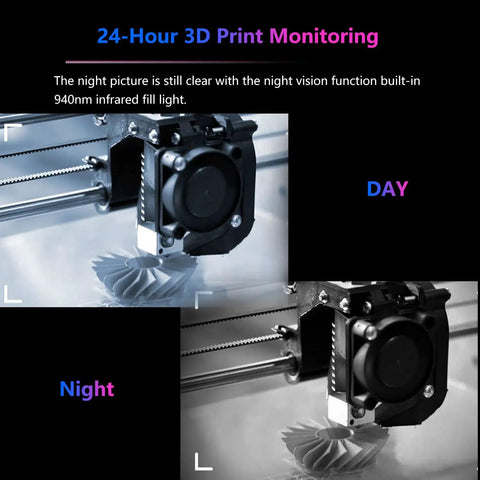 Nebula Camera For 3D Printers Real Time Monitoring With Night Vision And Time Lapse Video showcasing day and night views