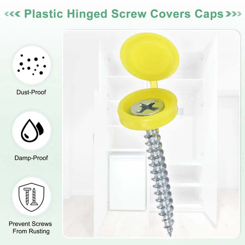 200 Pack Plastic Hinged Screw Cover Caps Conceal Exposed Bolt Heads, Yellow cap covering a screw, preventing dust and rust.
