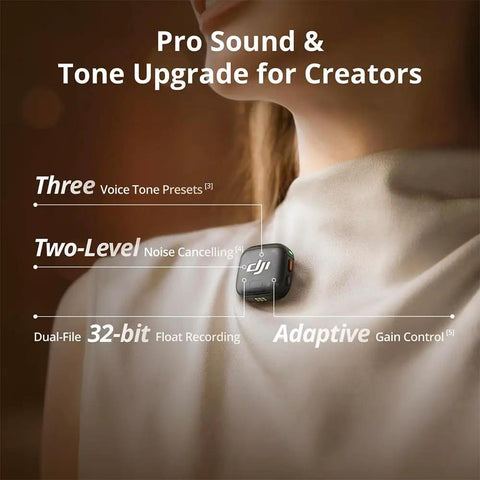 Mic 3 Wireless Microphone System With 2 Transmitters And 1 Receiver, Charging Case, shown with clip-on mic on a shirt