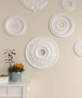 Vienna Ceiling Medallion 20 Inch Outer Diameter With 6.5 Inch Canopy And 3.5 Inch Inner Diameter Lightweight Primed MDF displayed on wall