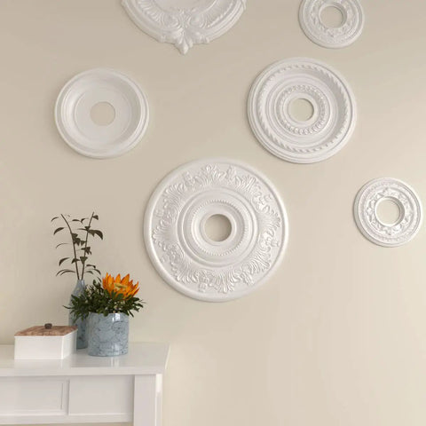 Vienna Ceiling Medallion 20 Inch Outer Diameter With 6.5 Inch Canopy And 3.5 Inch Inner Diameter Lightweight Primed MDF displayed on wall