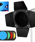 Heavy Hitter Seven Inch Barn Door Lighting Kit With Adjustable Honeycomb Grid And Four Pumped Up Color Gel Filters For Dialing In Crisp Beams On Standard Studio Flash Heads, featuring a grid and color gels.