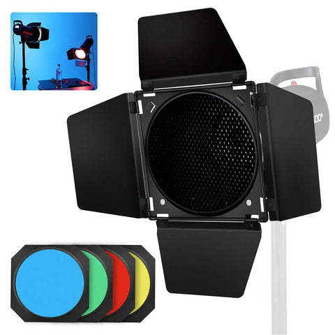 Heavy Hitter Seven Inch Barn Door Lighting Kit With Adjustable Honeycomb Grid And Four Pumped Up Color Gel Filters For Dialing In Crisp Beams On Standard Studio Flash Heads, featuring a grid and color gels.