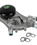 Hardened Built Tough Water Pump Kit With Coolant Thermostat And Gasket For Chevy Gmc Cadillac Escalade Hummer H2 H3 Saab 97X Aw6009 detailed view with aluminum and seal.