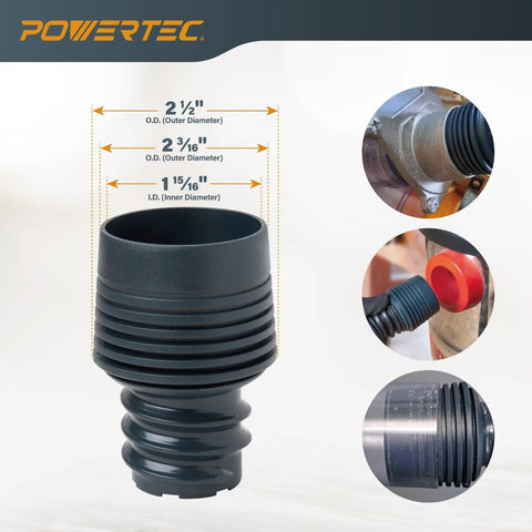 Close-up of 10 Foot Vacuum Hose Kit with 1 Inch and 1 1/2 Inch Quick Change Adapters for dust collection systems connecting tools to vacuums.