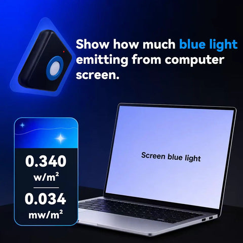 Blue Light Irradiance Meter For Screens, Projectors, LED Beauty Devices And Glasses, Reads 400-500nm, Up To 760000 uW/cm2, Handy Tool To Check Blue Light Output From Your Gear, handheld meter beside laptop screen