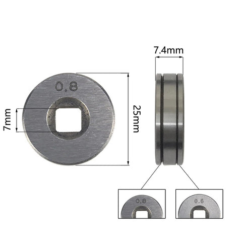Two metal wire feeder drive rollers, 25mm diameter, grooved for 0.6/0.8mm wire (SSJ16).