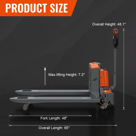 Heavy Duty Electric Pallet Jack Truck With 3300 Lb Capacity And Lithium Ion Battery For Easy Warehouse Material Handling side view showing dimensions.
