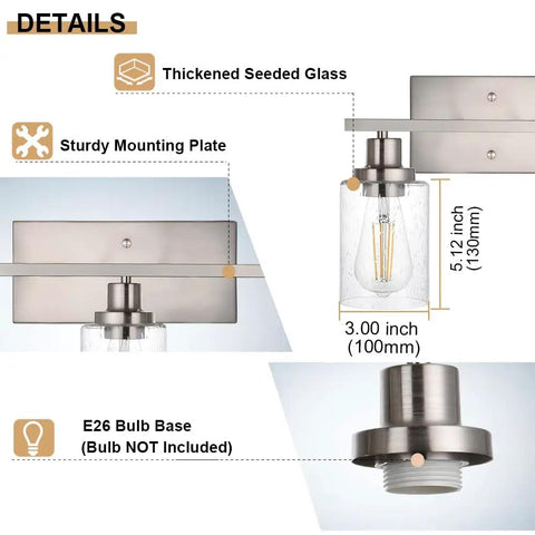 40 Inch Brushed Nickel Vanity Light Over Mirror Five Light Industrial Sconce Wall Lamp With Seeded Glass Shades For Bathroom