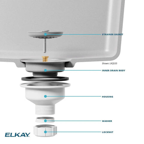 Polymer Drain Fitting With Removable Basket Strainer And Rubber Stopper In Black, Color Matched to Quartz Sinks Parts Exploded View
