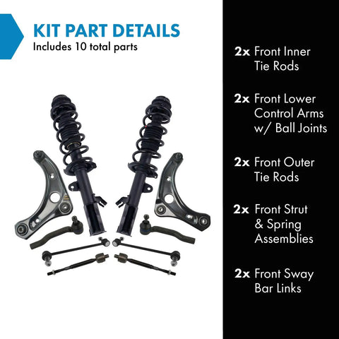 Front Steering And Suspension Kit With Two Front Inner And Outer Tie Rods Two Front Lower Control Arms With Ball Joints Strut And Spring Assemblies And Sway Bar Links For 2012 To 2019 Nissan Versa And 2014 To 2019 Versa Note, 10 parts