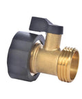 Heavy Duty Brass Garden Hose Shut Off Valve 3/4 Inch One Way Restricted Flow Stop, brass valve with black handle, side view.