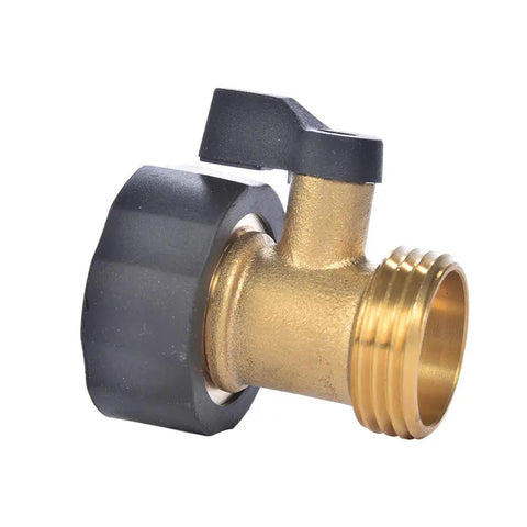Heavy Duty Brass Garden Hose Shut Off Valve 3/4 Inch One Way Restricted Flow Stop, brass valve with black handle, side view.