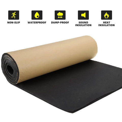 Heavy Duty 3/4 Inch Thick Neoprene Foam Sheet Roll With Snap And Peel Adhesive Backing For Dead Quiet Soundproofing And Zero Hassle Cosplay Padding In Sharp Black on a roll revealing its black foam layer.