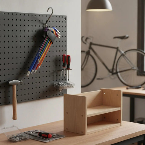 Solid 9-Piece Hex Key Set Crafted From Tough Chrome Vanadium Steel For Easy Bike Repair Furniture Assembly And Household Fixes That Get The Job Done Right. Color-coded hex keys on pegboard in workshop.