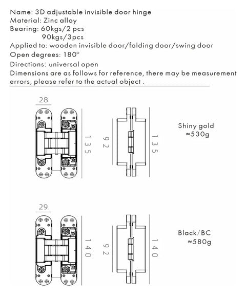 Technical diagram of Invisible Zinc Alloy Butt Hinge With Adjustable Bearing For Concealed Door Fitting, weights and sizes detailed.