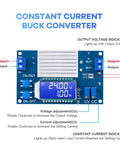 Beefy 12A DC To DC Step Down Power Supply Module With LCD Display showing 24.00V and 1.00A output, labeled inputs and outputs.