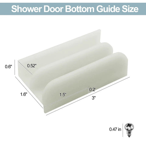 No Sweat Sliding Shower Door Bottom Track For Top Hung Glass Doors, White plastic guide with dimensions shown, 3 inches long.
