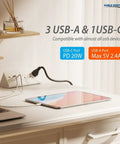 Slick Desk Edge Mount Power Strip Boasting Fast USB-C Charging, Three AC Outlets Plus Extra USB-A Ports, side view on desk with tablet.