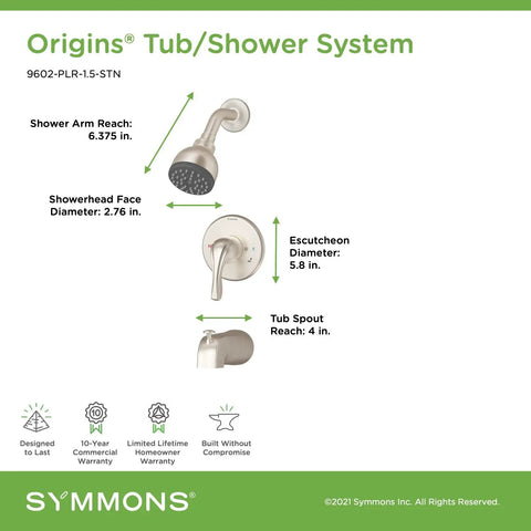Dimensions and components of Origins One Handle Tub And Shower Faucet Kit With Satin Nickel Finish, includes showerhead and spout