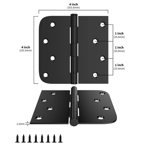 Matte Black Door Hinges 4 By 4 Inches, 12 Pack With Square And Round Corner Design, Includes 96 Matching Screws, Ideal For Interior And Exterior Doors, Tough As Nails Heavy Duty Build For Smooth Operation. Diagram showing dimensions.