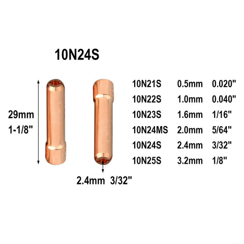 10N24S collets from Pro Grade TIG Welding Accessories Kit with dimensions and size chart