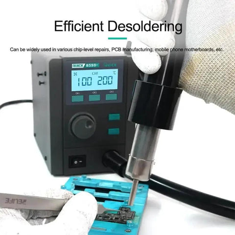 580W Digital Vortex Hot Air Rework Station with LCD and auto sleep in use for PCB repair, precise desoldering tool shown.