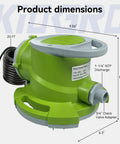 Automatic Pool Cover Pump One Quarter HP Submersible Sump Pump With 1800 GPH Twenty Five Feet Head Three Quarter Inch Check Valve Adapter Twenty Five Foot Power Cord Auto On Off Water Removal For Pools Rooftops Basements Must Have, displayed with dimensions and power cord visible