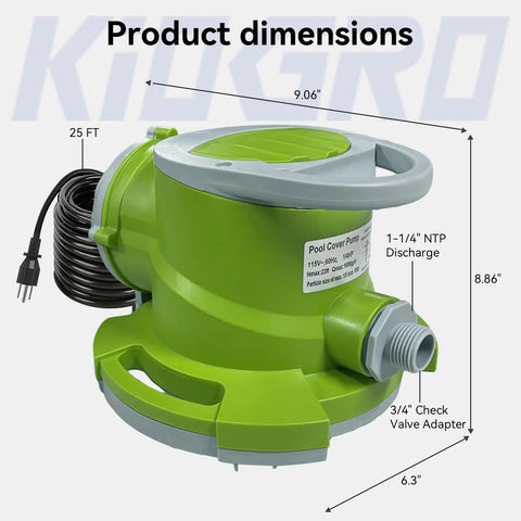 Automatic Pool Cover Pump One Quarter HP Submersible Sump Pump With 1800 GPH Twenty Five Feet Head Three Quarter Inch Check Valve Adapter Twenty Five Foot Power Cord Auto On Off Water Removal For Pools Rooftops Basements Must Have, displayed with dimensions and power cord visible