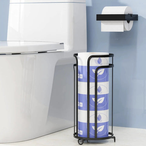 2 Pack Free Standing Toilet Paper Holder Tower For 3 Rolls Black Space Saving Workhorse Bathroom Organizer Holds Up To Three Rolls Easy To Move Perfect For Guest Bathrooms Small Spaces RVs And Campers next to toilet