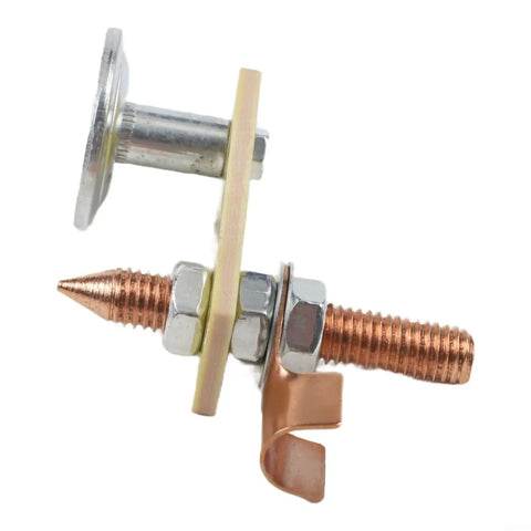 Hot Magnetic Welding Ground Clamp With Strong Magnet Head For Fast Setup On Flat Or Curved Metal Surfaces Quick Connect Earth Clip and Secure Metal Plate Support Tool For Heavy Duty Fabrication Jobs. Close-up of bolt and connector components.