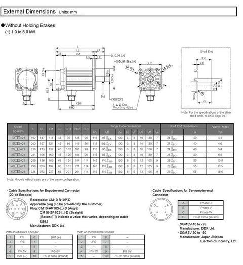 CHUNYE SGMSV servo motor SGMSV-10ADA61 1 kW; technical drawing with front, side, and shaft-end views and dimensions.