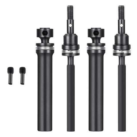 Hard Steel CVD Drive Shafts Set For One Sixteenth TRX E Revo Summit RC Beefed Up Front And Rear Axles Upgrade Ultra Durable Smooth Power Transfer Precision Drive Shaft Replacement Parts, showing a set of four axles and screws on a white background.
