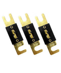 Top Shelf 3 Pack Of 200 Amp ANL Blade Fuses Featuring Rock Solid Pure Copper Terminals showing three 200A fuses with gold terminals.