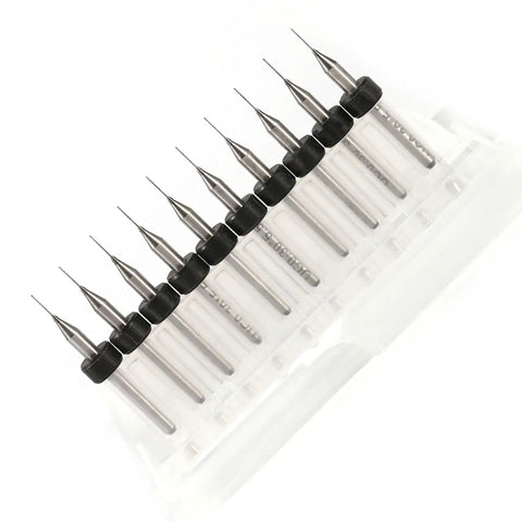 Tungsten Carbide Drill Bits Set 0.3mm, 10 Piece Precision PCB Micro Drill Bit Kit, organized in a plastic holder, viewed from above.
