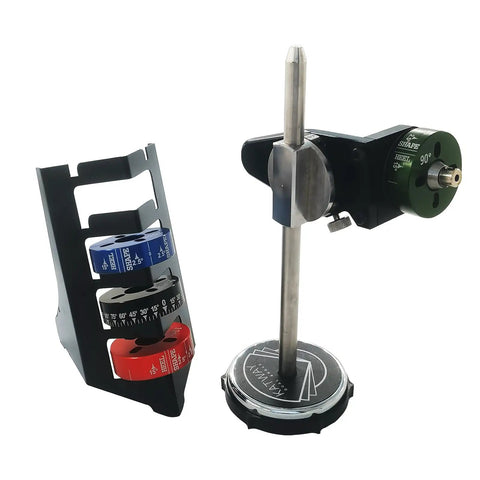 Pro Grade Stainless Steel Sharpening Angle Jig With Quick Metric Stops crafted for precise alignment on bench grinders.