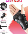 Kids Protective Gear Set Knee Elbow And Wrist Guards For Roller Skating Skateboarding BMX Cycling Inline Skating And Scooter Riding Size Medium Black Durable 3 Piece Safety Gear For Beginners, wrist guard detail on hand