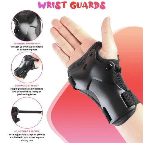 Kids Protective Gear Set Knee Elbow And Wrist Guards For Roller Skating Skateboarding BMX Cycling Inline Skating And Scooter Riding Size Medium Black Durable 3 Piece Safety Gear For Beginners, wrist guard detail on hand